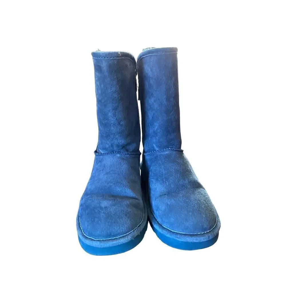 Lamo blue suede double zip calf length boots faux fur size 8